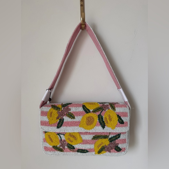 America & Beyond Handbags - Viral Beaded Lemon pink white striped Shoulder Bag